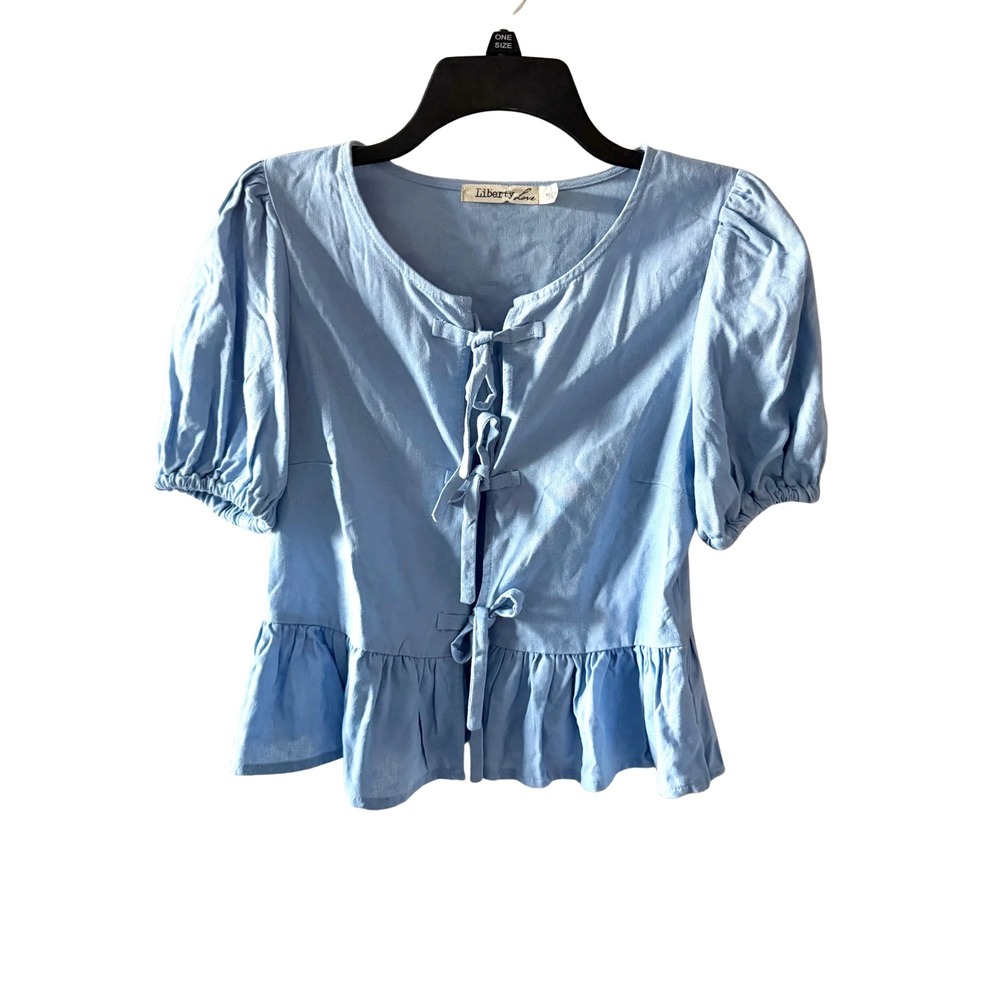 Liberty Love Womens Blue Linen Blend Tie Front Puff Sleeve Peplum Top Small